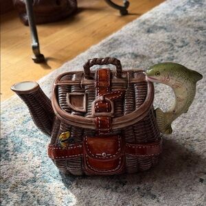 Vintage Fly Fisherman Teapot – Wicker Creel Basket Ceramic Teapot w/ Fish Handle
